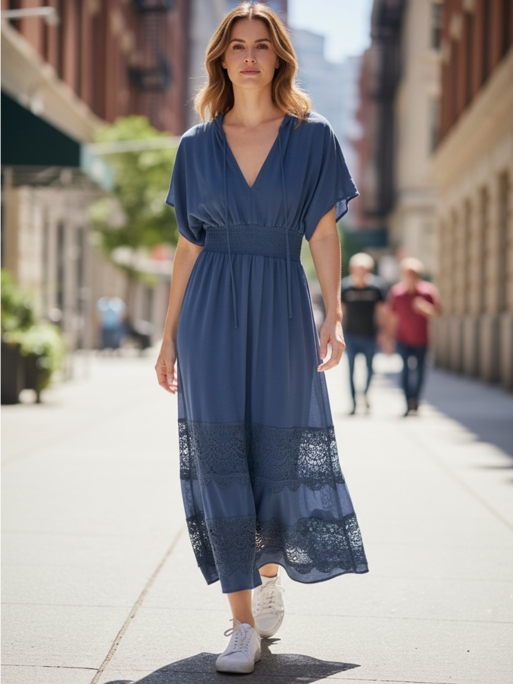 Women’s Blue V-Neck Maxi Dress with Lace Trim